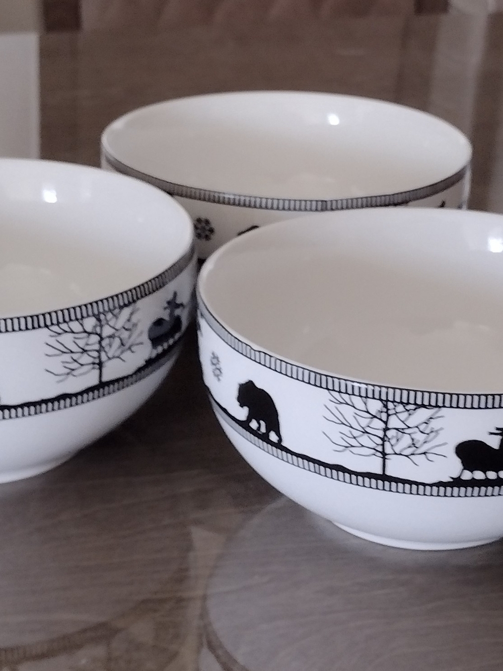 3 Classic Black and White Woodland Soup Cereal Ceramic Bowl